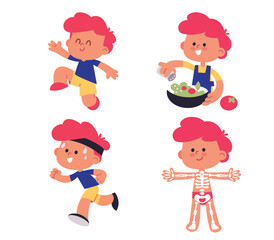 Boy and daily morning routine. Children healthy lifestyle, eating, cooking. Kid accomplishes physical routine jumps and dances. Happy fit sporty active child having fun. Kid anatomy, skeleton.