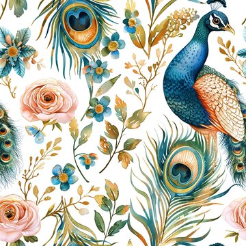 Watercolor seamless pattern of boho chic peacock feathers and florals, with gold accents, for luxury wallpaper. Seamless Pattern, Fabric Pattern, Tumbler Wrap, Mug Wrap.