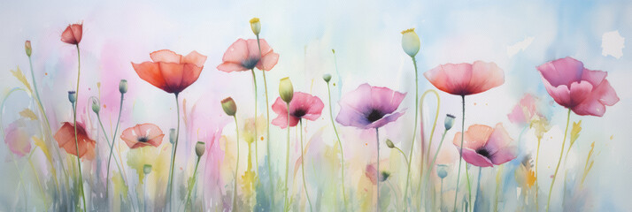Watercolor illustration of colorful poppies in the field. Watercolor paper texture visible.