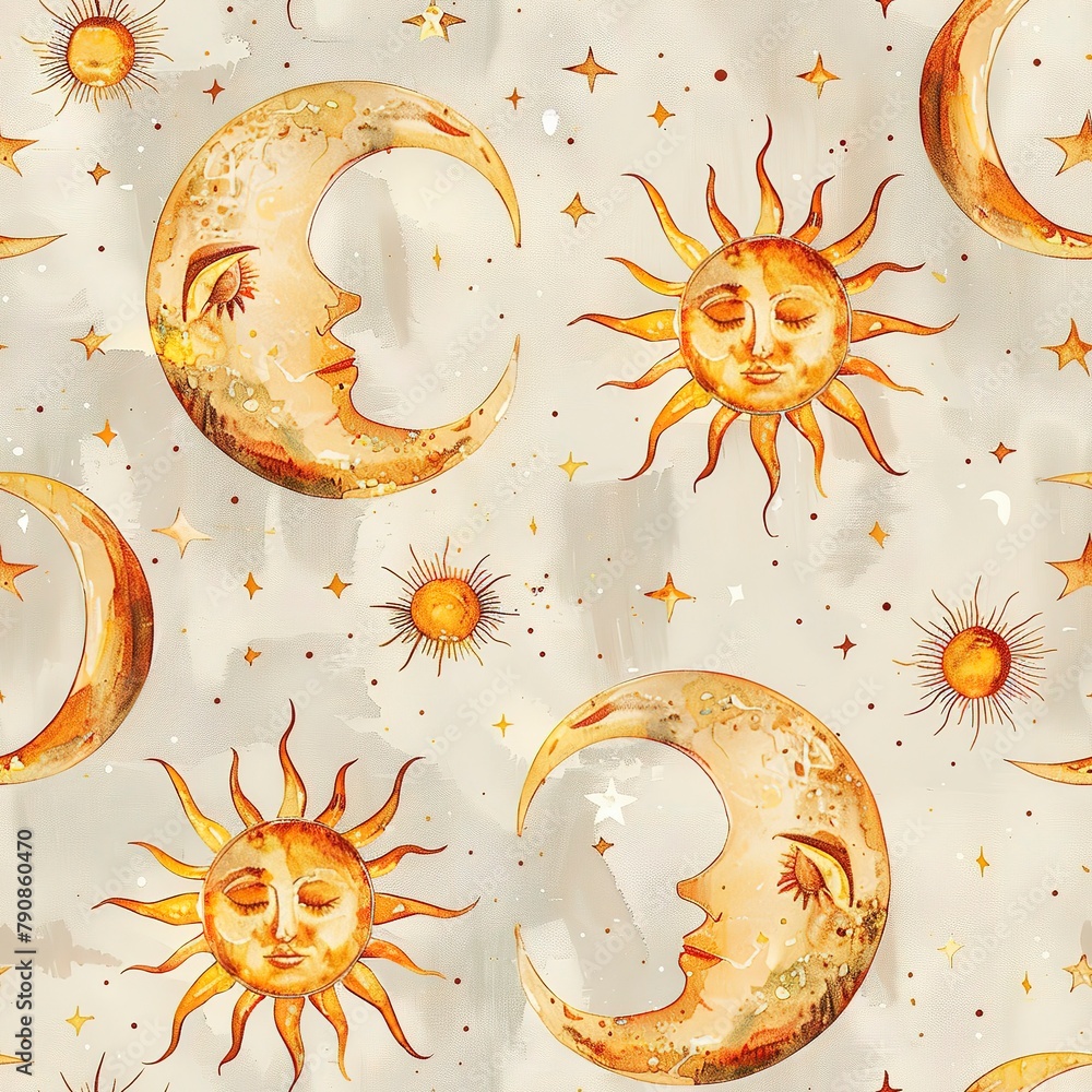 Poster Watercolor seamless background featuring crescent moons and radiant suns in a mystical boho chic style. Seamless Pattern, Fabric Pattern, Tumbler Wrap, Mug Wrap.