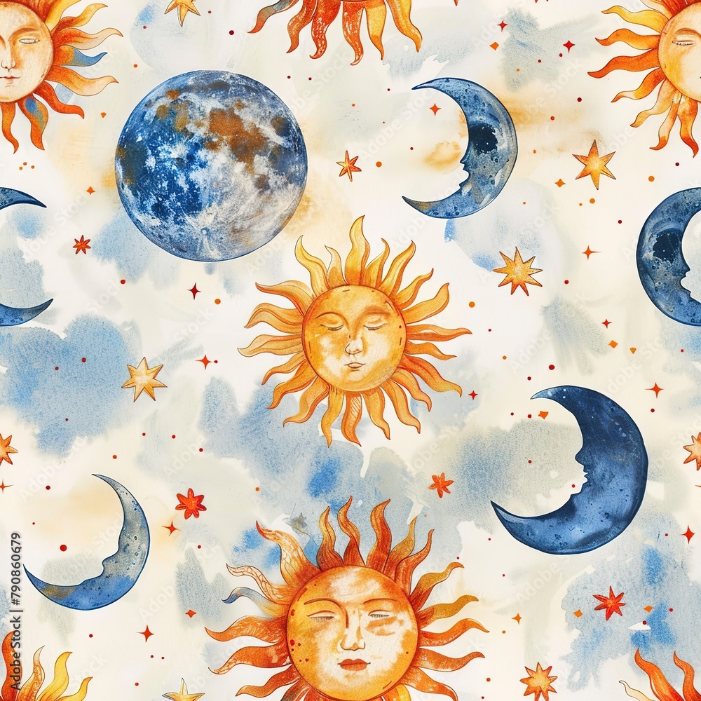 Poster watercolor seamless pattern blending boho suns and moons with ethereal textures for a whimsical fabr