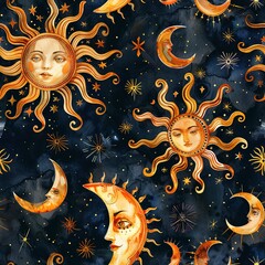 Boho seamless background with detailed suns and moons in watercolor, creating a magical night sky effect.Seamless Pattern, Fabric Pattern, Tumbler Wrap, Mug Wrap.