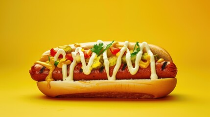 Tasty homemade hot dog grilled sausage and vegetable with mayonnaise yellow background. AI generated