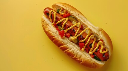 Tasty homemade hot dog grilled sausage and vegetable with mayonnaise yellow background. AI generated