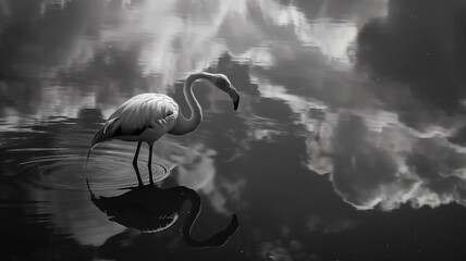 Black and white photography of the flamingo taken on water, dark with clouds. Animal photography.