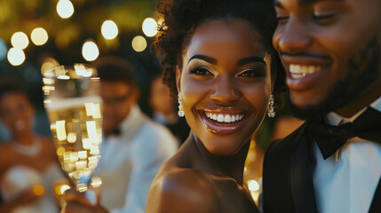 Smiling bride and groom toasting to love and happiness on their wedding day. - obrazy, fototapety, plakaty