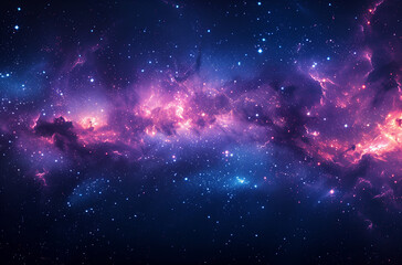 A panoramic view of a nebula, where stars are born, reveals the beauty of the universe with clouds of dust and gas glowing in intense shades of purple and pink against the contrasting deep blue sky.