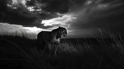 Black and white photography of the leopard taken on safari, dark with clouds. Animal photography.