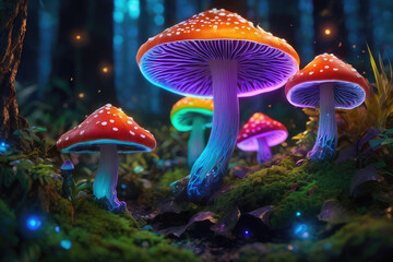 Generative AI, Beautiful and awesome neon colorful mushrooms, Magical views of neon colorful mushrooms, Beautiful view of neon colorful mushrooms in the thickets of forest bushes, small neon mushrooms