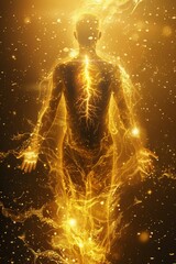 A man with a golden body with a yellow aura. The man is surrounded by a lot of golden particles