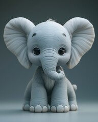 A baby elephant with a big ear and a cute face. The elephant is sitting on a floor
