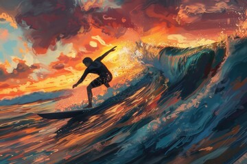 Surfer riding a wave at sunset with colorful clouds in the background. sport background  - obrazy, fototapety, plakaty