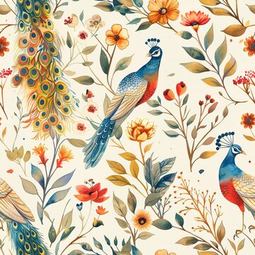 Bohemian seamless pattern with watercolor painted peacocks and hummingbirds, surrounded by intricate foliage.Seamless Pattern, Fabric Pattern, Tumbler Wrap, Mug Wrap.