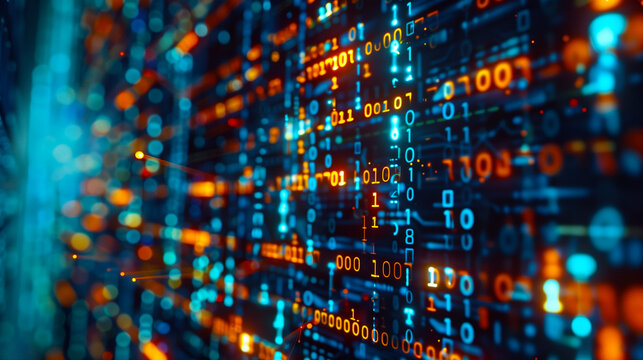 Abstract Digital Binary Code Data Stream. Vibrant digital binary code flowing across a screen, representing data transfer, cybersecurity, and information technology.
