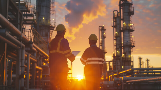 Industrial Workers Overlooking Refinery at Sunset. Two industrial workers in safety gear evaluate operations at a busy refinery against the backdrop of a dramatic sunset.