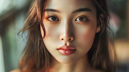 Portrait young Asian woman face model with natural makeup. AI generated image