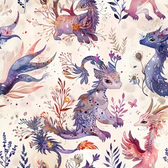 Bohemian chic seamless pattern, featuring watercolor renditions of mythical creatures in a whimsical boho style. Seamless Pattern, Fabric Pattern, Tumbler Wrap, Mug Wrap.