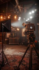 Camera and a tripod in a room. Movie cinema background . Vertical background  - obrazy, fototapety, plakaty