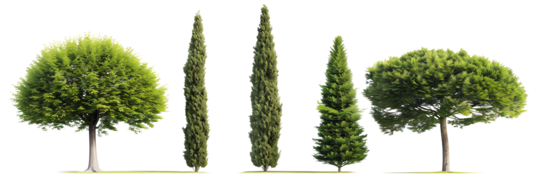 set of cypress trees, known for their longevity and elegant, conical shapes, isolated on transparent background