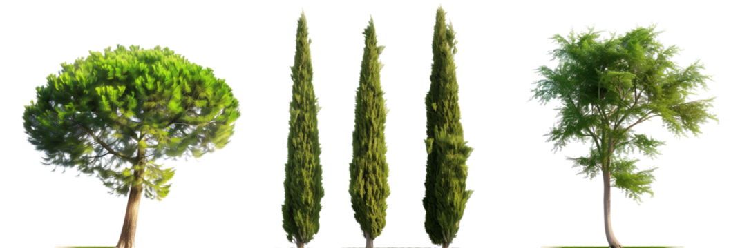 set of cypress trees, known for their longevity and elegant, conical shapes, isolated on transparent background