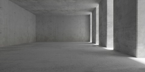 Abstract empty, modern concrete room with pillars and openings on the right wall and rough floor - industrial interior background template