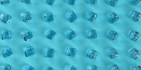 Different clear water ice cubes on blue background flat lay top view from above