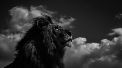 Close up Black and white photography of the Lion taken on safari, dark with clouds. Animal photography.