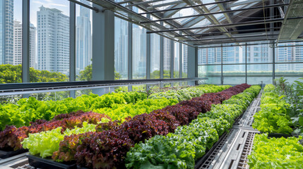 Urban farm on the roof top, growing lettuce and other vegetables