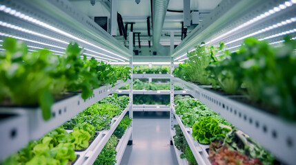 A vertical farm inside an industrial space, growing vegetables and greens in stacked shelves