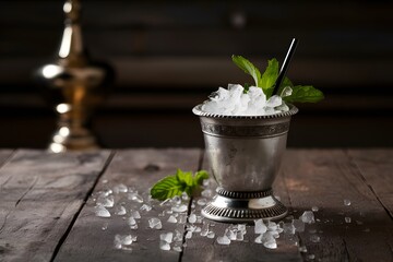 Classic silver julep cup with crushed ice and fresh mint - obrazy, fototapety, plakaty