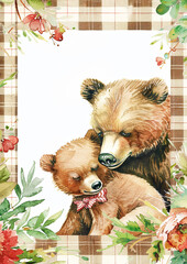 bear mom and her baby with flowers frame watercolor style