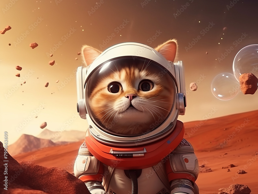 Poster a cat in a spacesuit is standing on a rocky surface