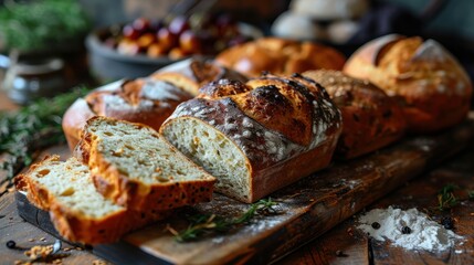 Assortment of baked bread. Freshly baked bread . Variety of bread on a wooden table. Bakery background. Bakery concept with copy space.