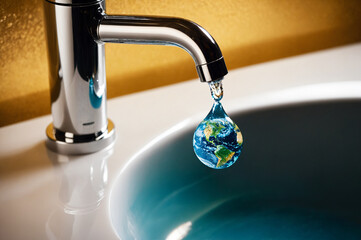 Water drop shaped like planet Earth, water dripping from tap, natural resources conservation concept