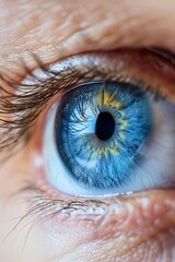Fototapeta premium Closeup shot, blue human eye. Frontal view. High Definition. Cinametic Still. 