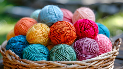 Balls of colored yarn in basket