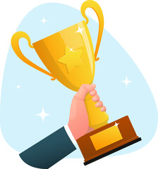 hand holds the trophy cup, the winner holds the prize