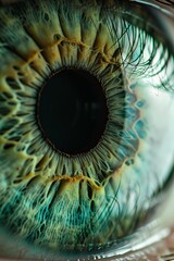 Closeup shot, green human eye. Frontal view. High Definition. Cinametic Still.