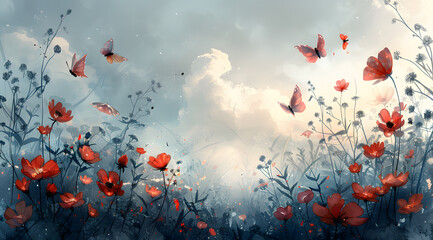 Fantasy Haven: Cloud Nymphs, Ghostly Butterflies, and Glowing Flowers in Ethereal Mists - obrazy, fototapety, plakaty