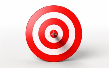 A red dart stuck in the center of the target, isolated on white background, achieve goal of success. Generative AI.