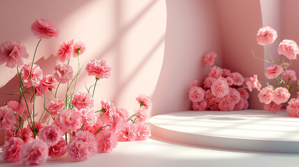 Presented on a pedestal with pink flowers and pink circle geometry on a pink pastel background. 3D realistic beauty products, brand presentation and packaging simulations