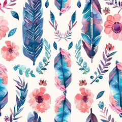 Hand-painted watercolor seamless pattern with boho motifs, soft pastel colors, ideal for wallpaper and fabric design. Seamless Pattern, Fabric Pattern, Tumbler Wrap, Mug Wrap.