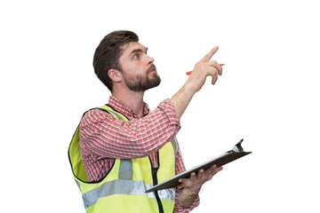 Male worker holding clipboard during working on transparent background. Male engineer working on...