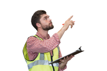 Male worker holding clipboard during working on transparent background. Male engineer working on transparent background