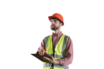 Male worker holding clipboard during working on transparent background. Male engineer working on transparent background