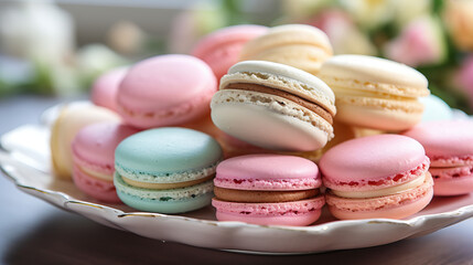 Obraz premium A plate of assorted colored macarons
