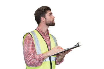 Male worker holding clipboard during working on transparent background. Male engineer working on transparent background