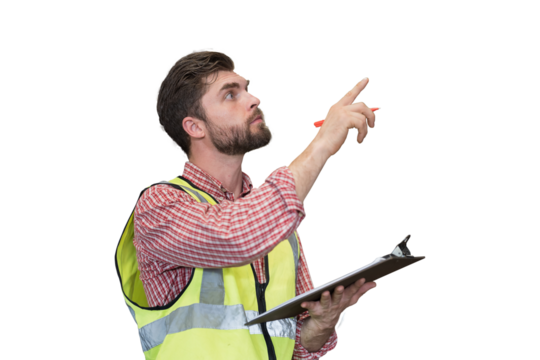 Male worker holding clipboard during working on transparent background. Male engineer working on transparent background