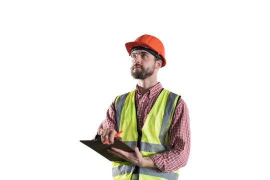 Male worker holding clipboard during working on transparent background. Male engineer working on transparent background