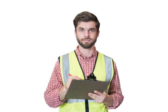 Male worker holding clipboard during working on transparent background. Male engineer working on transparent background